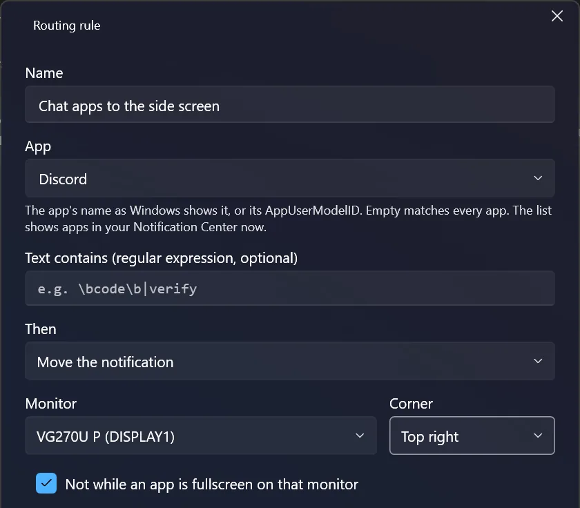 NotifyDock's routing rule editor: a rule named Chat apps to the side screen matches the app Discord and moves the notification to a chosen monitor's top-right corner, but not while an app is fullscreen on that monitor.